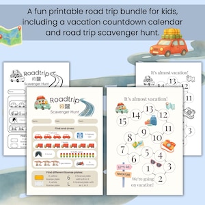 Op de afbeelding: Een leuke, printbare roadtrip-bundel voor kinderen, inclusief een vakantie-aftelkalender en een roadtrip-speurtocht. De bundel bevat een speurtocht en een vakantie-aftelkalender met de tekst "It's almost vacation!"