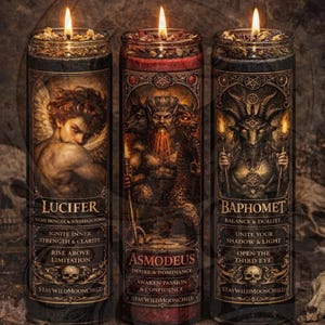 Könnte beinhalten: Drei brennende, dekorative Glas-Kerzen mit detaillierten Illustrationen und Text. Die Kerzen sind mit "Lucifer", "Asmodeus" und "Baphomet" beschriftet. Jede Kerze zeigt ein anderes Bild und Text, mit einem Totenkopf am Boden. Dunkles, mystisches Thema.
