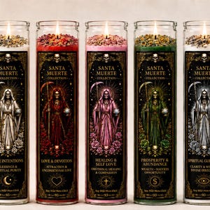 Santa Muerte Gebetskerzen-Kollektion | 7-Tage-Andachtskerzen | Schutz, Liebe, Heilung, Wohlstand, spirituelle Führung & Gerechtigkeit