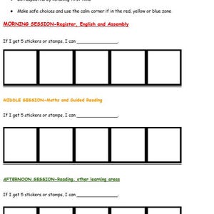Puede incluir: Una hoja de trabajo blanca con texto negro, que incluye objetivos de aprendizaje y secciones de sesión. Cada sección tiene espacio para pegatinas o sellos y una línea para escribir. Diseñado para uso educativo.