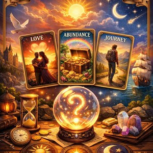 Pode incluir: Uma ilustração mística com o texto "What's Coming In Your Future?" apresenta cartas de tarô com os rótulos "Amor", "Abundância" e "Jornada". Uma bola de cristal, ampulheta e outros itens estão em uma mesa de madeira. A faixa na parte inferior diz "Novas oportunidades • Aventura • Destino".