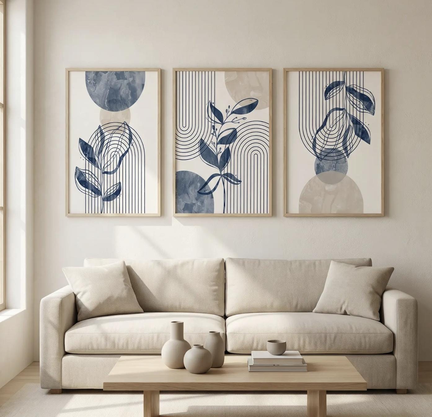 Set of 3 Navy Blue Beige Abstract Botanical Prints, Modern Boho Wall ...
