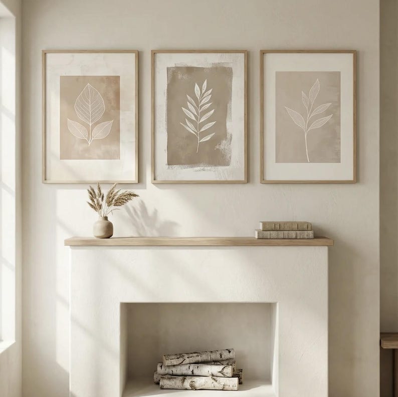 Set of 3 Neutral Boho Fern Prints, Minimalist Abstract Botanical Canvas ...