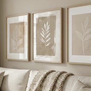 Juego de 3 impresiones de helechos bohemios neutros, decoración botánica abstracta minimalista en lienzo.
