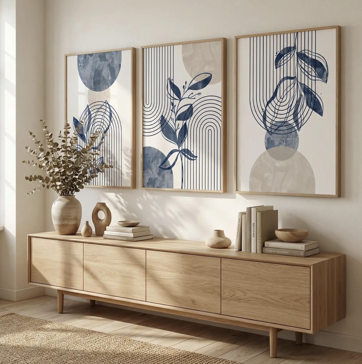 Set of 3 Navy Blue Beige Abstract Botanical Prints, Modern Boho Wall ...