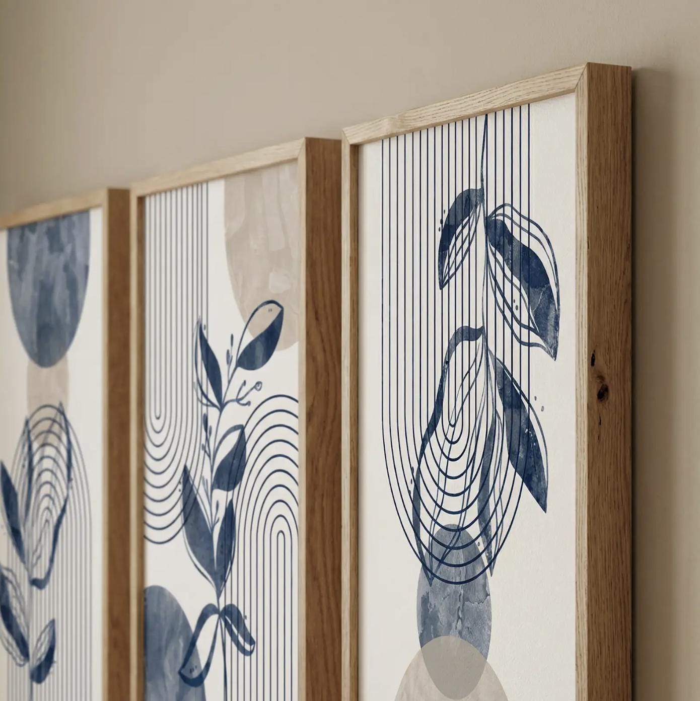 Set of 3 Navy Blue Beige Abstract Botanical Prints, Modern Boho Wall ...
