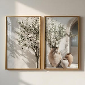 May include: Two framed wall art prints with gold frames. The left print shows an olive tree with dark olives against a light wall. The right print displays three terracotta-coloured ceramic vases of varying sizes with olive branches inside.