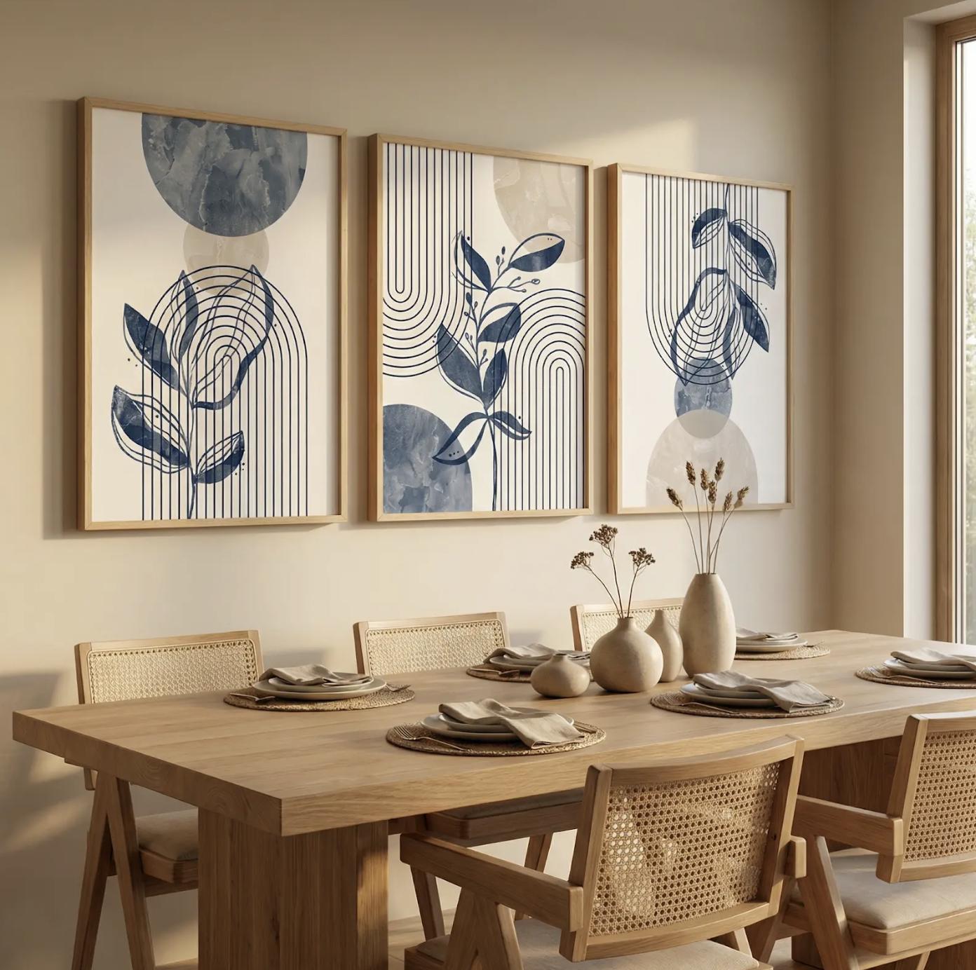 Set of 3 Navy Blue Beige Abstract Botanical Prints, Modern Boho Wall ...