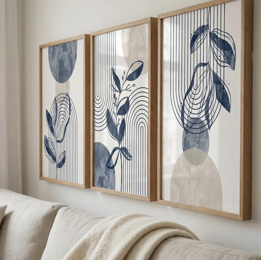 Set of 3 Navy Blue Beige Abstract Botanical Prints, Modern Boho Wall ...