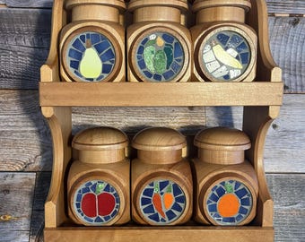 Vintage Wood Spice Rack Set 6 Mosaic Tile Jars Fruit Vegetable Kitchen Wall Storage Farmhouse Cottagecore Rustic Decor Handmade