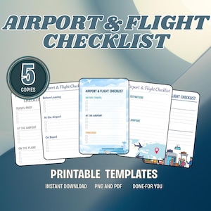 May include: A set of printable airport and flight checklists. The design features a blue and white color scheme with the text "AIRPORT & FLIGHT CHECKLIST" at the top. The checklists are designed to help with travel preparation.