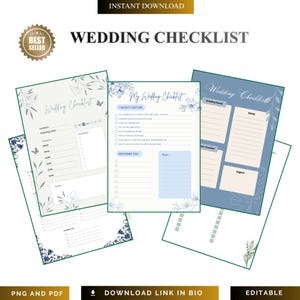 May include: A collection of printable wedding checklists with floral accents. The checklists include sections for wedding details, timelines, and notes. The text includes "Wedding Checklist", "My Wedding Checklist", and "Instant Download".