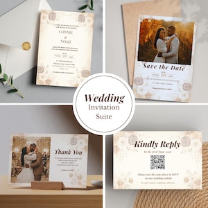 Plantilla editable de Canva para invitaciones de boda con tarjetas de confirmación de asistencia.