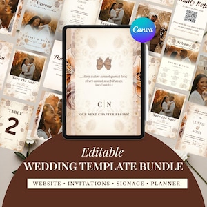 Lot de modèles de mariage floral rose caramel rouille, site Web Canva, QR code RSVP, invitation et signalisation
