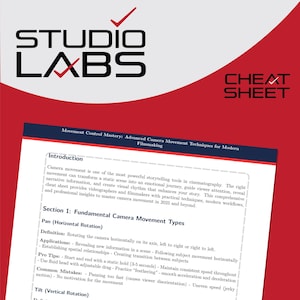Könnte beinhalten: Eine rot-weiße Grafik mit den Worten "STUDIO LABS" und "CHEAT SHEET". Das Spickzettel bietet Informationen zu Kamerabewegungstechniken für modernes Filmemachen, einschließlich Schwenken und Neigen.