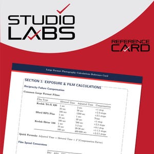 Op de afbeelding: Een fotografiereferentiekaart met de tekst "STUDIO LABS" en "REFERENCE CARD" in zwart en rood. De kaart bevat informatie over belichting en filmberekening voor grootformaatfotografie.
