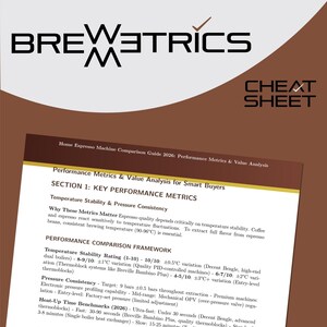 Könnte beinhalten: Ein Dokument mit dem Titel "Brewetrics Cheat Sheet", das Leistungskennzahlen für Espressomaschinen darstellt. Es behandelt Temperaturstabilität, Druckkonsistenz und Aufheizzeit-Benchmarks. Der Leitfaden ist für kluge Käufer konzipiert.
