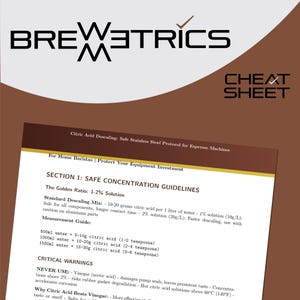 May include: A brown and white graphic with the text "BREWETRICS" and "CHEAT SHEET". The graphic provides instructions for descaling espresso machines with citric acid, including safe concentration guidelines and warnings.