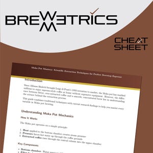 May include: A "BREWMETRICS CHEAT SHEET" guide on Moka Pot Mastery, detailing scientific extraction techniques for stovetop espresso. It explains the mechanics and components of the Moka pot, offering insights into achieving the perfect brew for coffee enthusiasts.