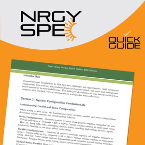 Könnte beinhalten: Ein Leitfaden mit dem Titel "Solar Array Scaling Quick Guide: 2026 Edition" mit dem Text "NRGY SPE" und "QUICK GUIDE" in Schwarz und Orange. Die Einführung des Leitfadens behandelt kommerzielle Solaranlagen und Systemkonfigurationsgrundlagen.