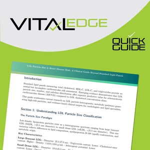 以下が含まれることがあります： LDL粒子サイズと心臓病リスクに関する「VITALEDGE QUICK GUIDE」というタイトルの、緑と白のドキュメント。ガイドは、心血管リスク評価に関する情報を提供しています。