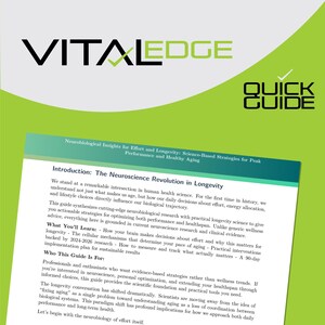 Könnte beinhalten: Ein grüner und weißer "Quick Guide" mit dem Titel "Vital Edge" in schwarzem Text. Der Leitfaden behandelt neurobiologische Erkenntnisse zu Anstrengung, Langlebigkeit und gesundem Altern. Der Leitfaden enthält Text über Neurowissenschaften und praktische Strategien.