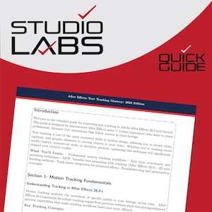 Könnte beinhalten: Ein rotes und weißes Studio Labs Quick Guide für After Effects Text Tracking Mastery. Der Leitfaden behandelt Motion Tracking, Text Layer Attachment und variable Schriftanimation. Für fortgeschrittene Anwender im Motion Design.