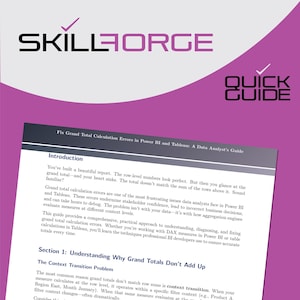 Könnte beinhalten: Ein Leitfaden mit dem Titel "Beheben von Fehlern bei der Gesamtberechnung in Power BI und Tableau: Ein Leitfaden für Datenanalysten". Das Cover zeigt das Skillforge-Logo und "Quick Guide" in Lila. Der Leitfaden behandelt Fehler bei der Gesamtberechnung.