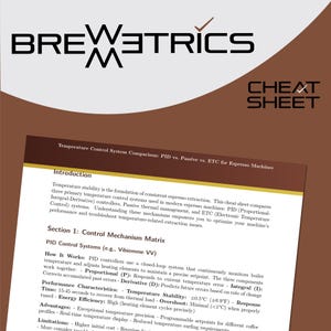 May include: A cheat sheet titled "BREWETRICS" with the text "CHEAT SHEET". It compares PID, passive, and ETC temperature control systems for espresso machines. The document includes an introduction and a section on control mechanism matrix.