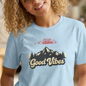 Good Vibes Mountain Graphic Tee | Retro Script, Pine Trees, Outdoor Theme