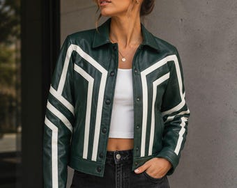 Vintage Y2k/2000s Pink Leather Biker Jacket, Black and White