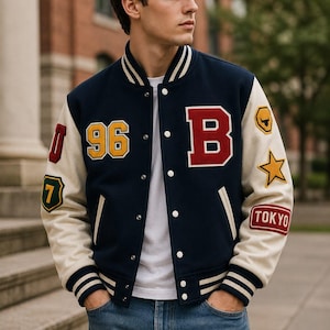 Può includere: Una giacca varsity blu navy con maniche color crema, caratterizzata da una grande lettera B rossa, il numero 96 in giallo e varie toppe tra cui una stella gialla, un'icona di toro, il numero 7 e una toppa rettangolare rossa con la scritta TOKYO.
