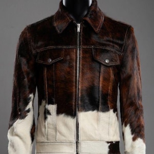 Vintage Brown White Cowhide Leather Jacket, Unisex Zip-Up Coat