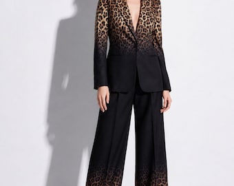 Leopard Print Pants Suit Women, Wide Leg Pant Set, Elegant Blazer Set, Animal Print Co Ord Outfit, Chic Evening Party Suit, Gift for Her
