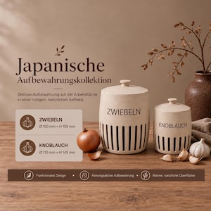 Könnte beinhalten: Zwei beige zylindrische Vorratsbehälter mit Deckel und vertikalen Belüftungsschlitzen am Boden. Der größere Behälter ist mit ZWIEBELN und der kleinere mit KNOBLAUCH beschriftet. Der Text gibt Maße von 150mm x 195mm und 110mm x 145mm an.