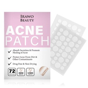 May include: A package of IRAWO BEAUTY acne patches with the text "ACNE PATCH". The package is pink and white, and includes 72 patches in two sizes: 8mm and 12mm. The patches are shown on a white background.