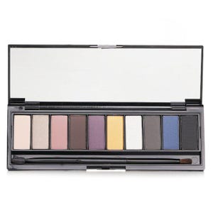May include: An open eyeshadow palette with a mirror and applicator brush. The palette contains ten shades, including light pink, brown, purple, yellow, white, gray, blue, and black. The palette is in a black case.