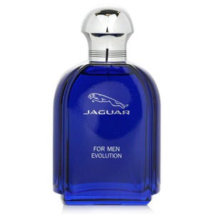 May include: A blue glass perfume bottle with a silver cap. The bottle has the Jaguar logo and the words "FOR MEN EVOLUTION" in white. The bottle has a rounded shape.