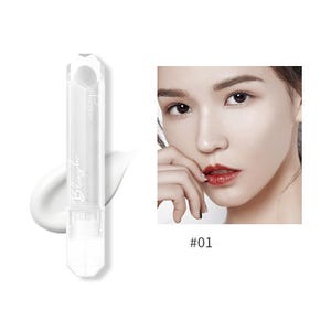 May include: A clear tube of liquid blush with a white applicator and a white base. The tube has the word "Blush" written on it. Next to the tube is a woman with red lipstick and the number "#01".