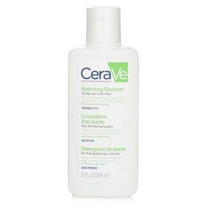 May include: A white CeraVe hydrating cleanser bottle with a white cap. The label includes the brand name, product name, and details in English and Spanish. The bottle contains 3 fl oz / 88 ml of product.