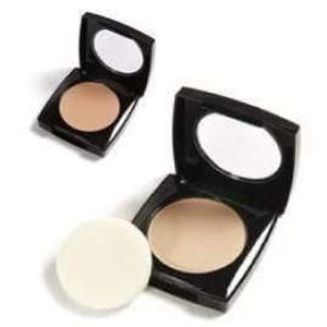 May include: Two compact powder cases with mirrors and a powder puff. The cases are black and square, with a light beige powder inside. One case is open, revealing the powder and a mirror. The powder puff is round and white.