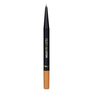 May include: A black and gold eyebrow pencil with a light brown tip. The pencil has the words "HEAVY ROTATION" printed vertically in white. The bottom of the pencil is light brown, and the top has a small, light brown tip.