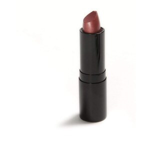 May include: A lipstick in a black tube with a metallic, reddish-brown color. The lipstick is angled at the top, showing the color. The tube is cylindrical and has a shiny finish. The background is white.