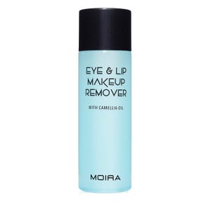 May include: A cylindrical bottle of Moira eye and lip makeup remover. The bottle has a black cap and a light blue body. The text "EYE & LIP MAKEUP REMOVER" is printed in black, along with "WITH CAMELLIA OIL" and the brand name "MOIRA".
