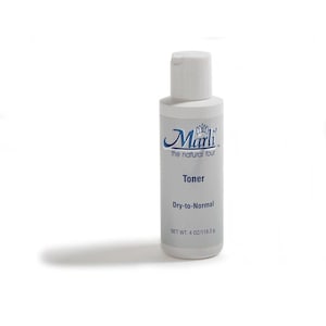 May include: A white bottle of Marli Toner for dry-to-normal skin. The bottle has a white cap and a label with the brand name and product information. The net weight is 4 oz.
