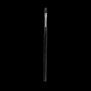 May include: A black makeup brush with a flat, rectangular brush head and a long, slender handle. The brush head is silver-toned, and the handle is black. The brush is designed for applying makeup.