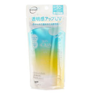 May include: A clear plastic pouch of Skin Aqua UV sunscreen. The pouch has a gradient design of blue and yellow. Text on the pouch includes "SPF50+", "PA++++", and Japanese characters. The product is designed to provide transparent skin.