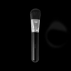 May include: A black makeup brush with a silver ferrule and a rounded, black handle. The brush head is made of dark bristles. The handle has text printed on it. The background is black.