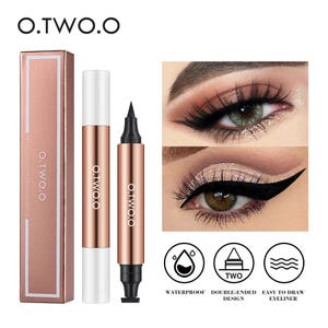 May include: O.TWO.O double-ended eyeliner in a rose gold and white tube. The packaging includes a rose gold box with the brand name. The image also shows two examples of eye makeup with the eyeliner, and icons that say waterproof, double-ended design, and easy to draw eyeliner.