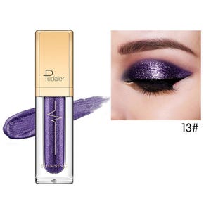 May include: A tube of shimmering purple eyeshadow with a gold cap and the brand name "Pudaier". A swatch of the eyeshadow is next to the tube. A close-up of an eye with purple glitter eyeshadow and the number "13#" is also shown.